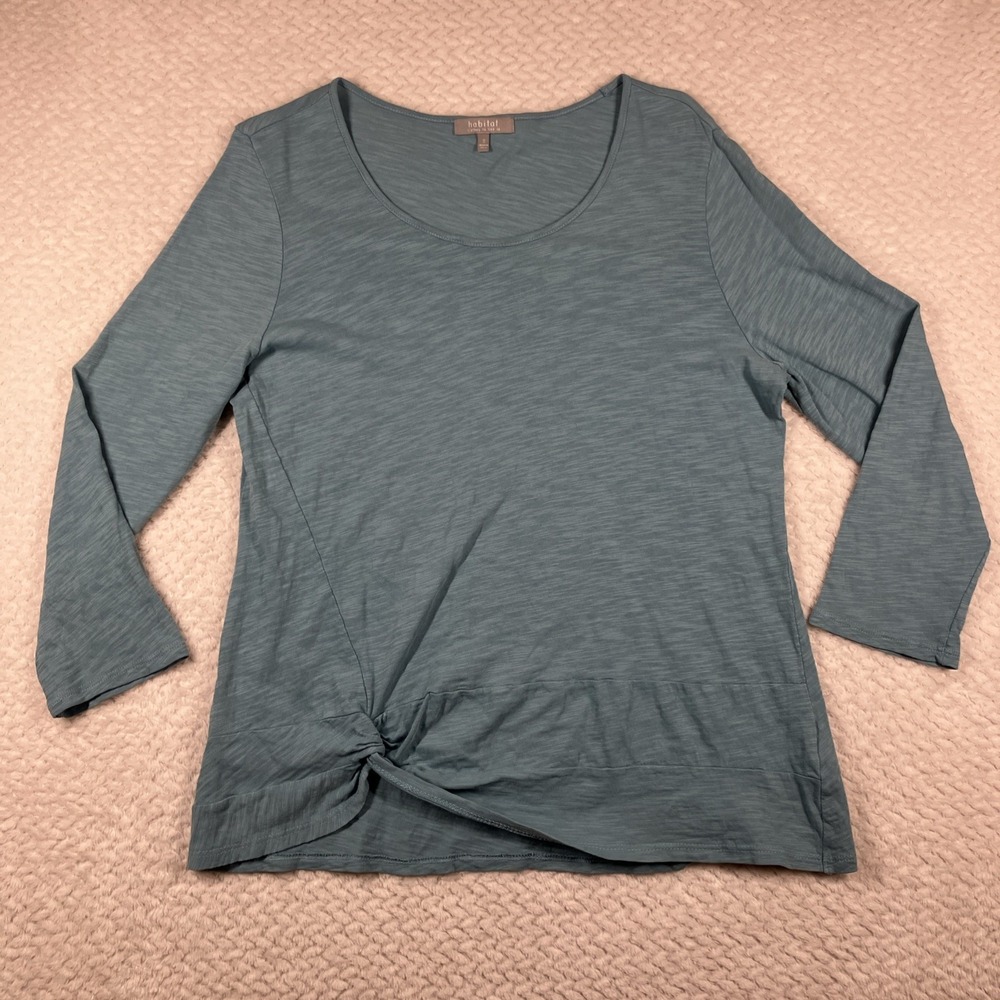Habitat Tunic Top Small Blue 3/4 Sleeve Front Tie Travel Artsy Lagenlook